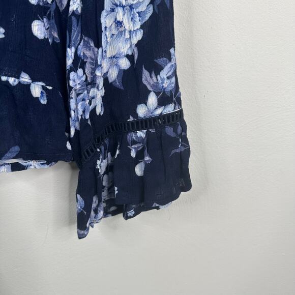American Eagle Blue Chiffon Floral Ruffle Hem Button Down Blouse - Picture 3 of 8